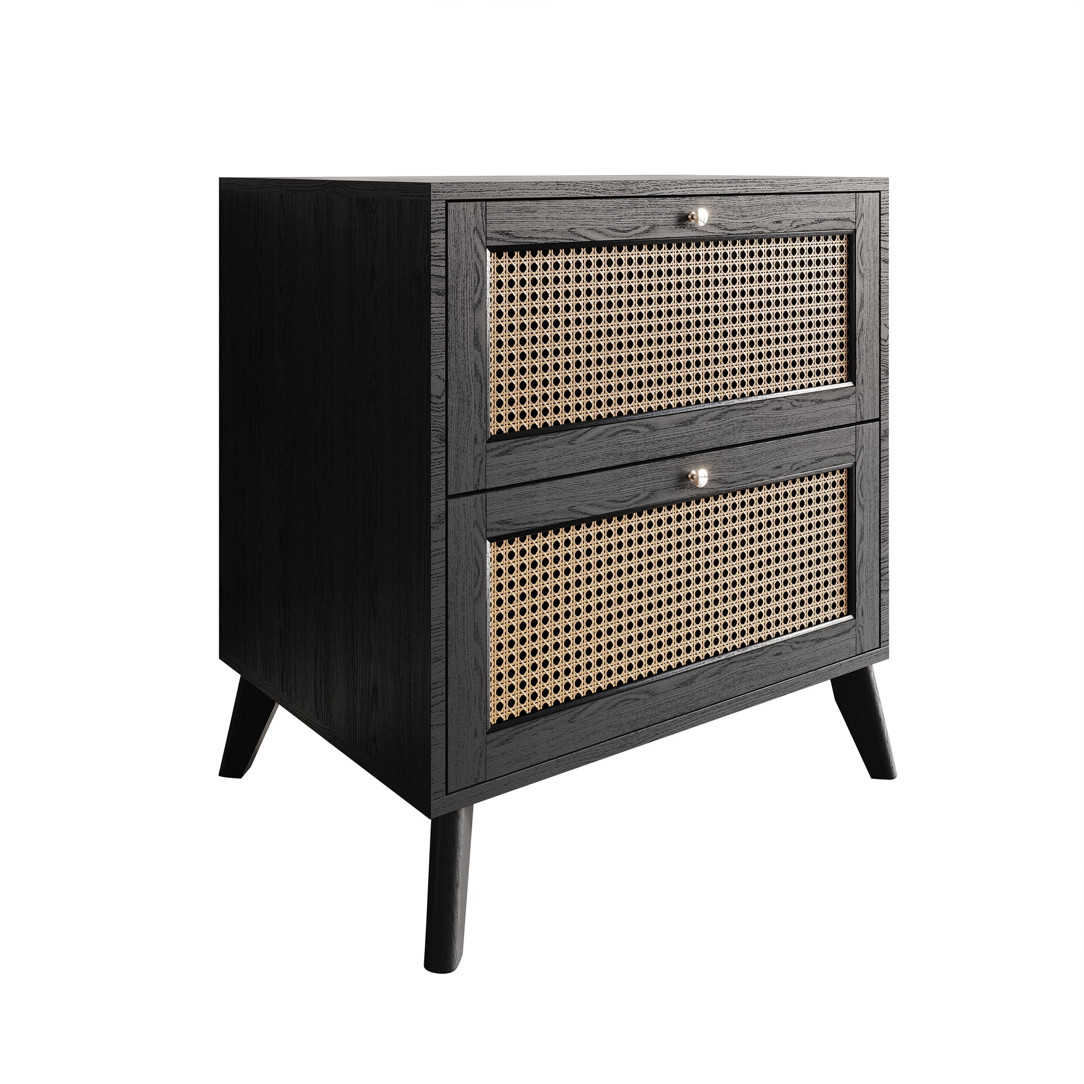 Castle Place Rattan 2 Drawers Wooden Nightstand, Black