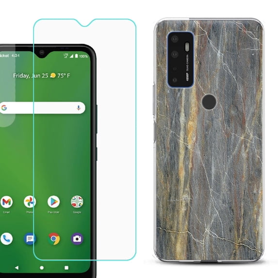 Slim-Fit Gel TPU Phone Case for Cricket Dream 5G, with Tempered Glass Screen Protector, by OneToughShield ® - Marble/Camo