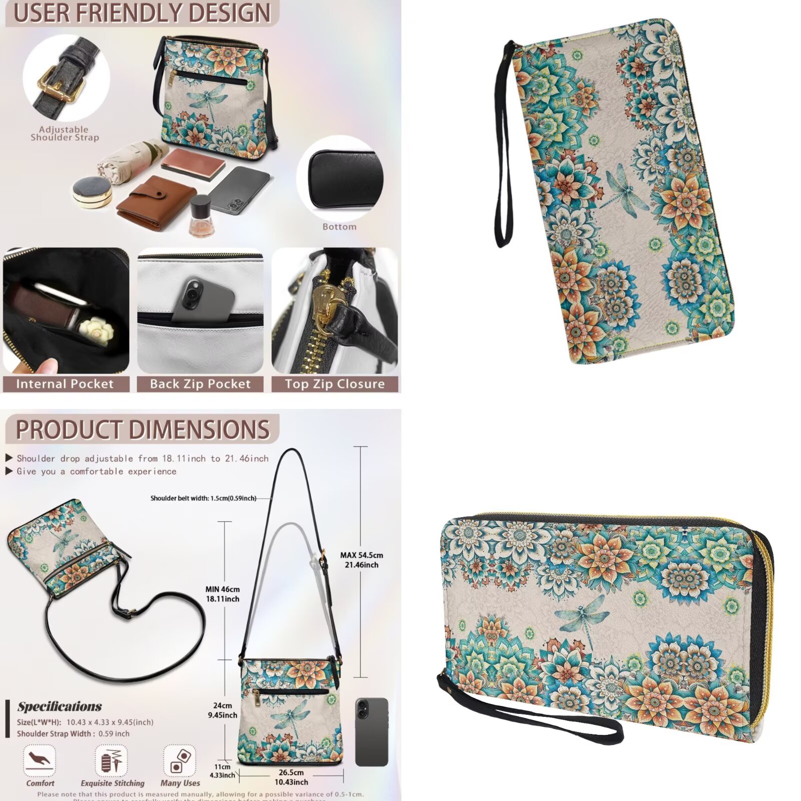 ZUXONGSY Boho Mandala Dragonfly Print Large Crossbody Bag and Wallet Set for Women, PU Leather Multi-Pocket Messenger Bag with Adjustable Strap