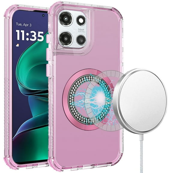 For Moto G Stylus 5G 2026/2025 Magnetic Ring Circle Bling Chrome 3in1 Hybrid Case - Pink