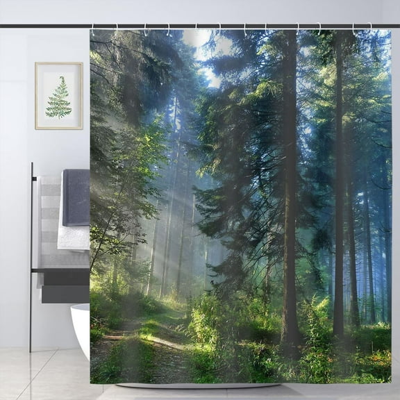 Misty Forest Sunshine Trees Waterproof Polyester Shower Curtains 72x72in with 12 Hooks
