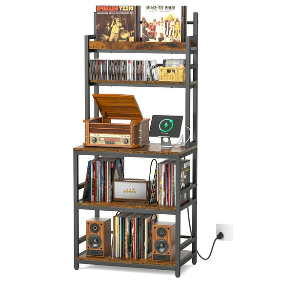 Large 5-Tier Record Player Stand with Charging Station, Vinyl Storage Shelf and CD/DVD Rack, Holds 500  Albums