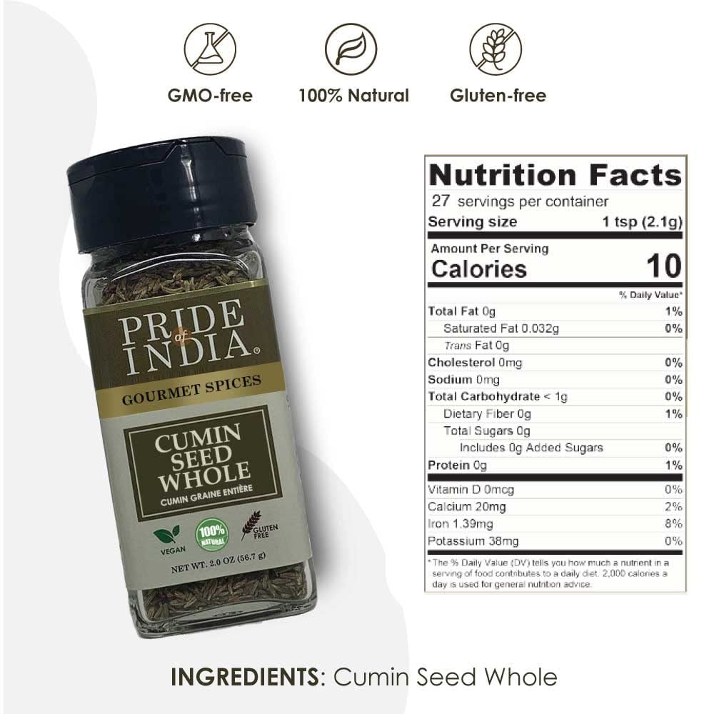 Pride of India - PACK of 6 - Cumin Seed Whole – Gourmet Indian Spice – Excellent for Culinary Uses – Fresh and Quality Seeds – Adds Flavor & Aroma – Easy to Use – 2 oz. Small Dual Sifter Bottle