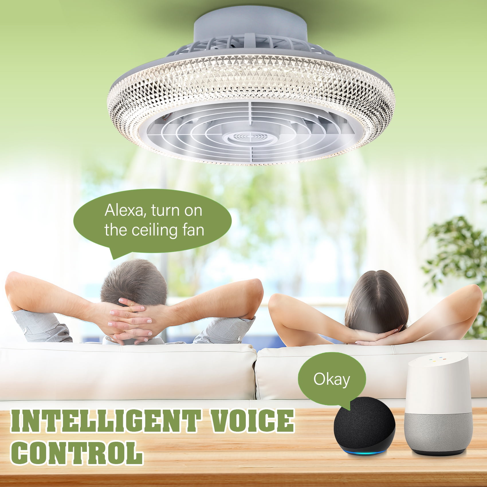TCFUNDY 16" Smart Ceiling Fan w/ Light, RGB & LED, Smart Control Compatible with Voice Assistant Alexa/Google/Siri, Bladeless Fan w/ 6 Speeds & Reversible, White