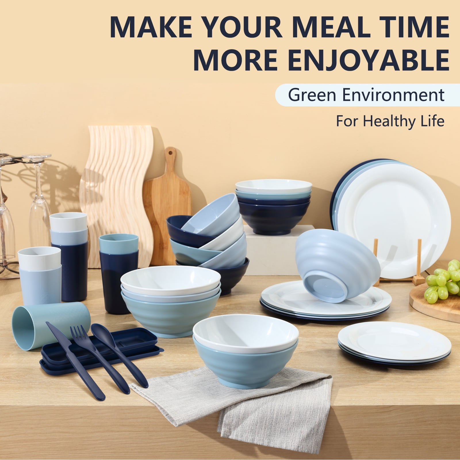 Mirdinner Unbreakable Plastic Dinnerware Sets for 4 (20pcs), Reusable Lightweight Plates Cups and Bowls with Cutlery Set, for Home & Camping Party, Great for Kids & Adult, Dishwasher Microwave Safe