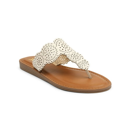 

XOXO Womens Ivory Laser Cut T-Strap Scalloped Rally Round Toe Wedge Slip On Thong Sandals 5.5 M