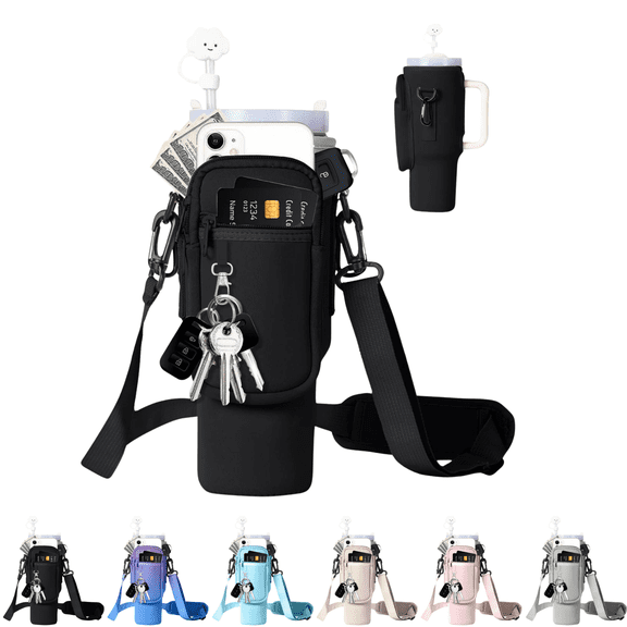 CuiLiyq Water Bottle Carrier Bag with Phone Pocket, Neoprene Water Bottle Holder Pouch with Adjustable Strap Bollus for Stanley Cup Accessories (Black)