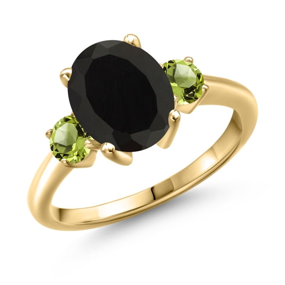 Gem Stone King 3.10 Ct Oval Black Onyx Green Peridot 18K Yellow Gold Plated Silver Ring (Size 9)