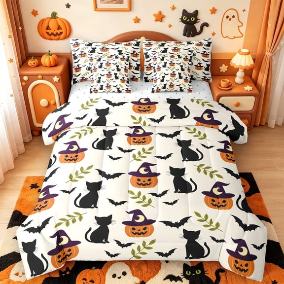 Manfei Cartoon Halloween 7-Piece Twin Bedding,Pink Pastel Bat Bedding Comforter Set,Reversible