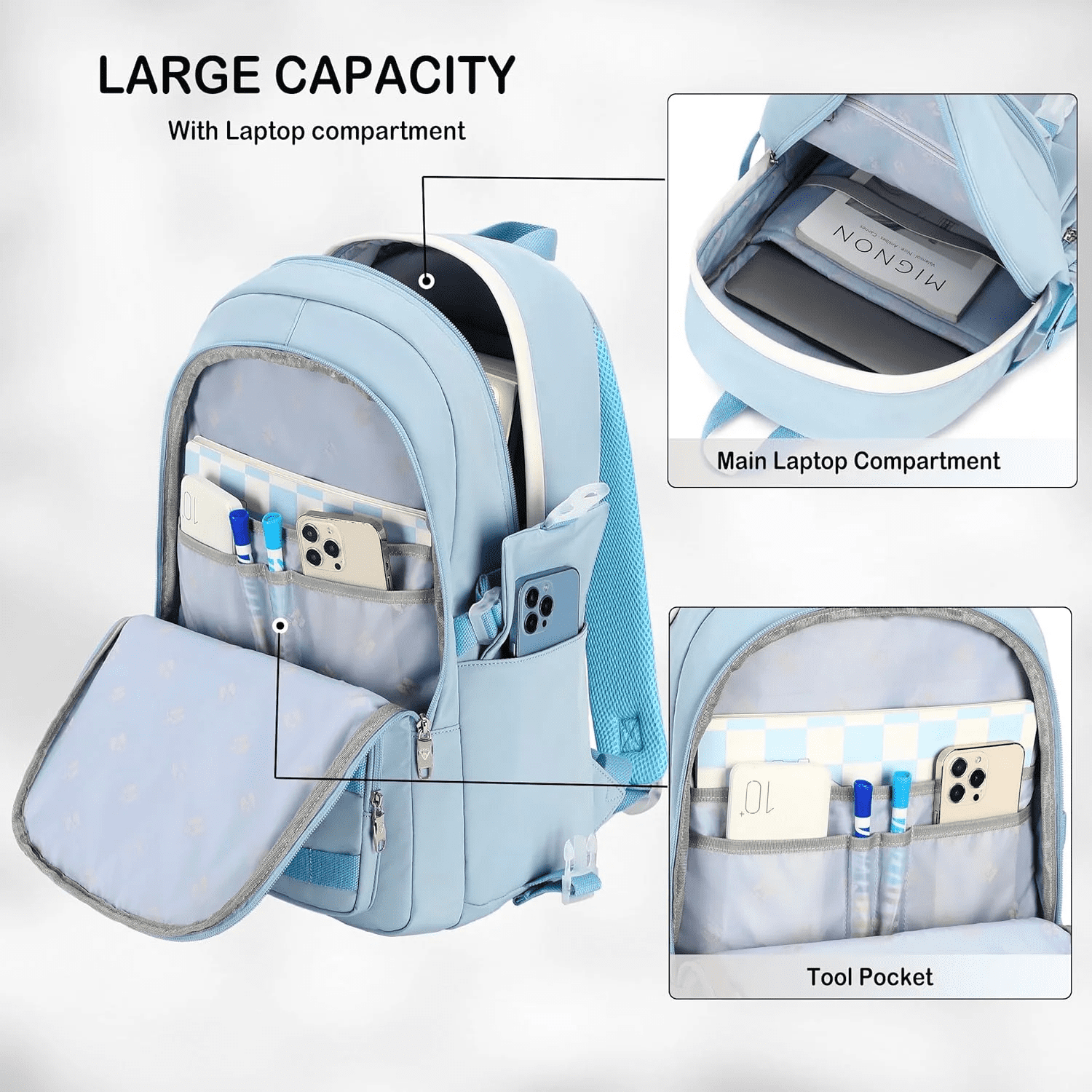 AO ALI VICTORY 3PCS-With lunch bag, pencil box Laptop Backpack 15.6 Inch Bag College Backpacks  Backpack Set Anti Travel Back Pack Large Bookbags forTeens Women(Blue)