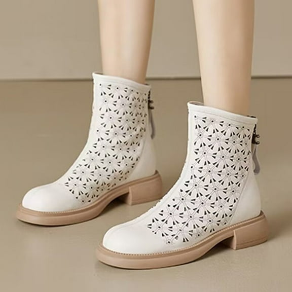 HUPOM Boots For Women Pumps Low Heel Leather Slip-On Ankle Boots For Women Beige 36(US:5.5)