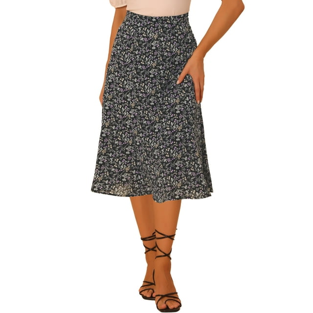Unique Bargains Jupe Paysanne pour Femme à Taille Élastique, Ligne A, Midi, Imprimé Feuilles, Noir Violet, G