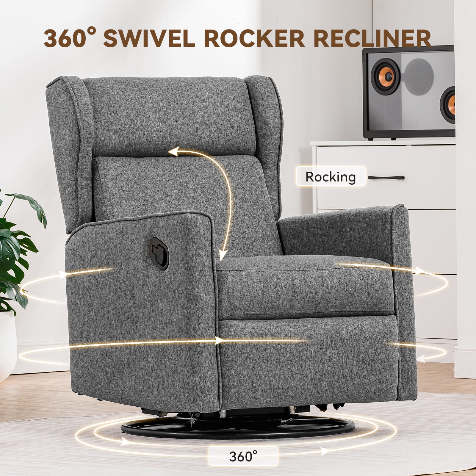 COMHOMA Swivel Rocker Recliner Chair, Fabric Swivel Glider Reclining Single Sofa for Living Room, Gray
