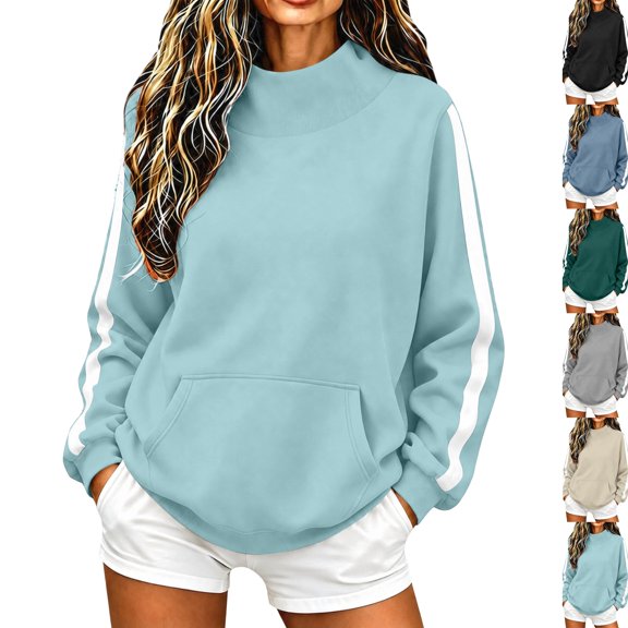 Mock Neck Sweatshirt Women Fall Fashion Oversized Turtleneck Pullover Side Stripes Long Sleeve Casual Sweatshirts Light Green M