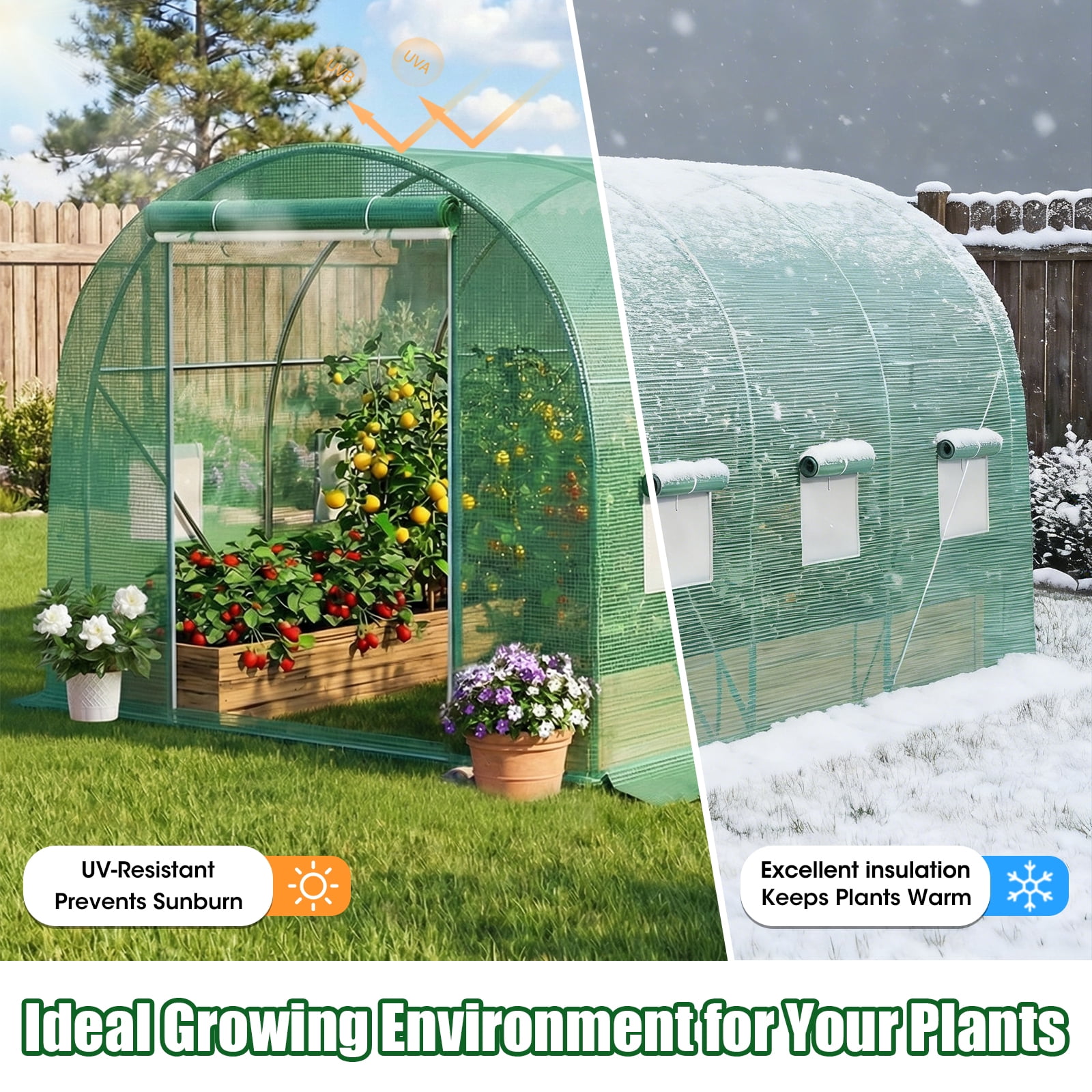 TANGJEAMER Greenhouse , Large Walk-in Greenhouse Reinforced Metal Frame, 6 Screen Windows and 1 Door, 10x7x7FT