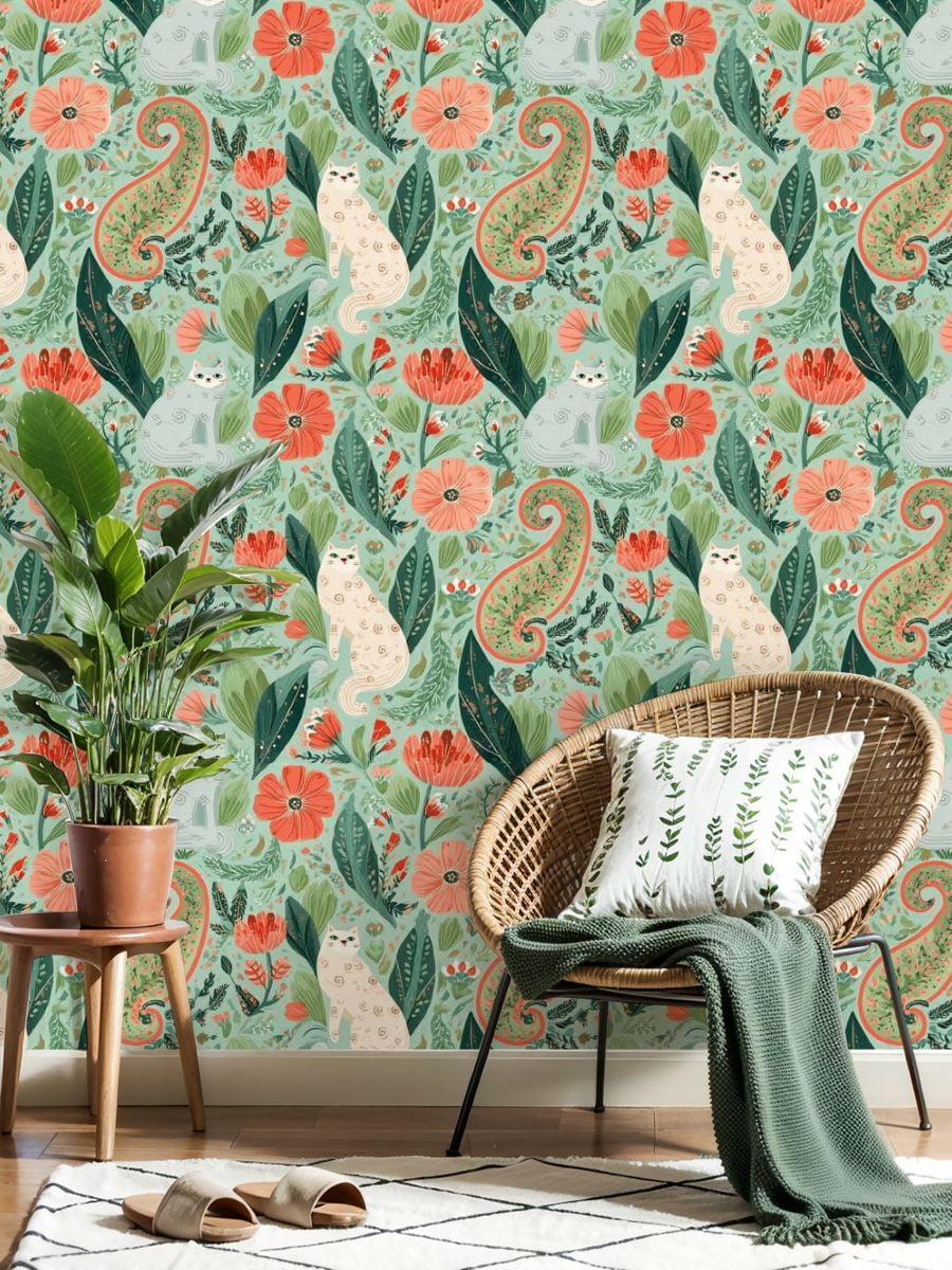Paisley Peel and Stick Wallpaper 17.7in x 9.8ft Whimsical Cats Floral Botanical Teal Coral Tones Contact Paper Vinyl Waterproof Self Adhesive Wall Paper for Bedroom Shelf Cabinet Renter Friendly