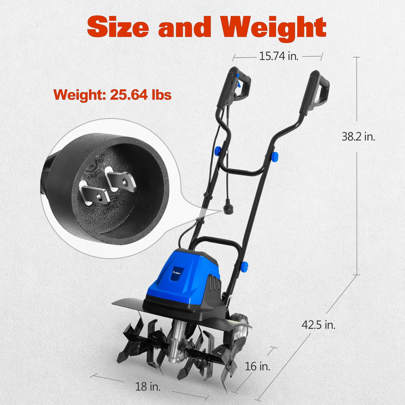 18 in Electric Tiller Cultivator Corded 15 Amp 6 Steel Tines Tillers for Gardening, Garden Rototiller for Soil Digging with Adjustable Wheels