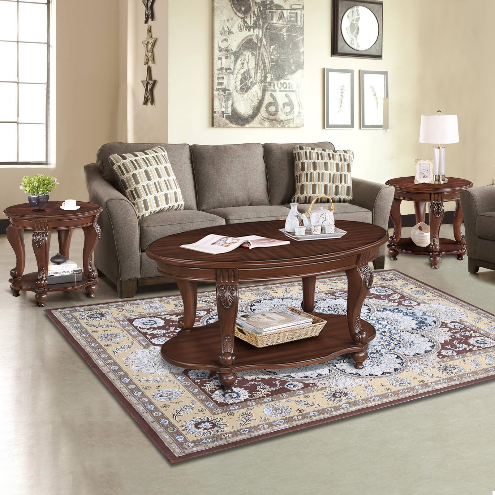 LKTART 3-Piece Vintage Oval Coffee Table Set - Cherry Wood Table with Carved Legs for Living Room & Office
