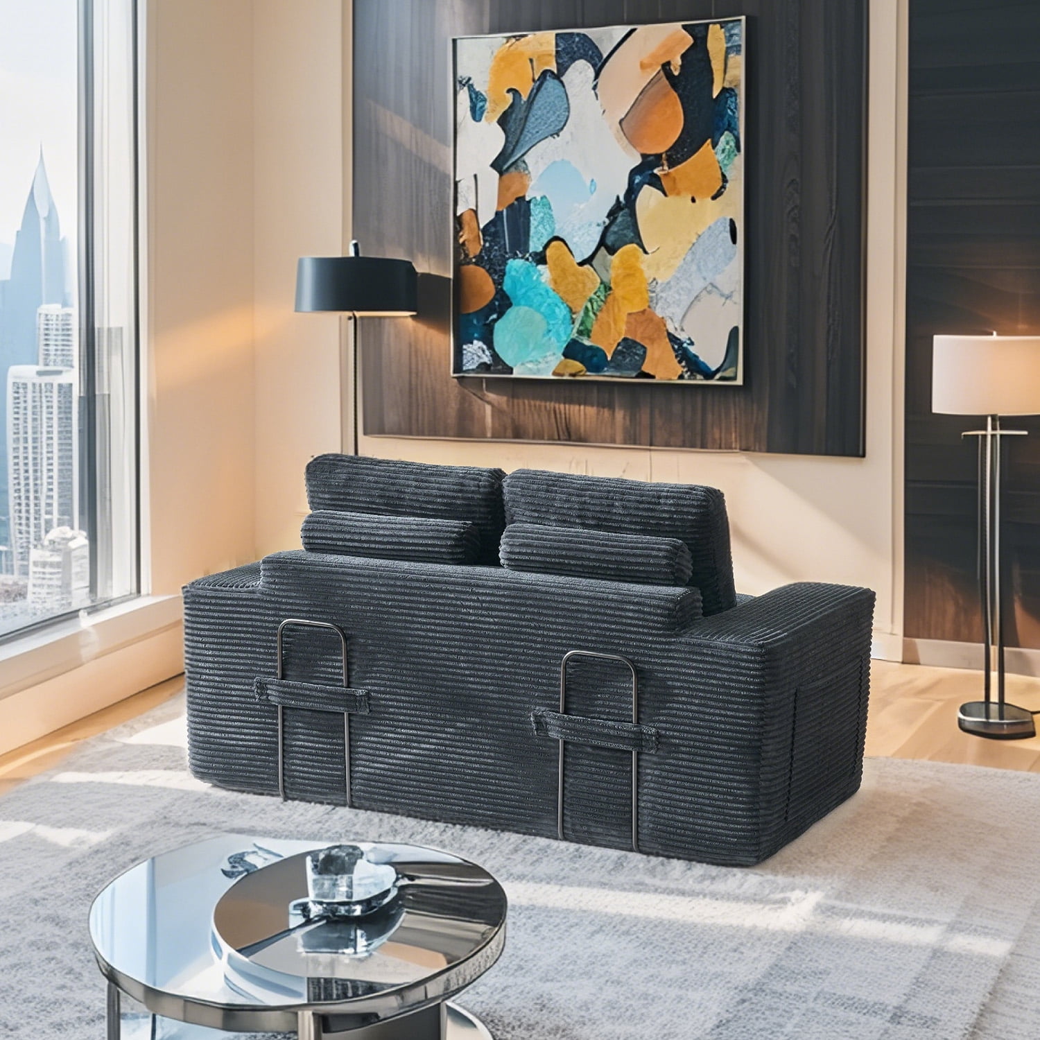 Leumius Futon Sofa Bed,2-in-1 Folding Sofa Bed with Memory Foam & Steel Frame,Corduroy Fabric Boneless Floor Sofa for Small Spaces, Apartments, Home Office & Bedroom,Black
