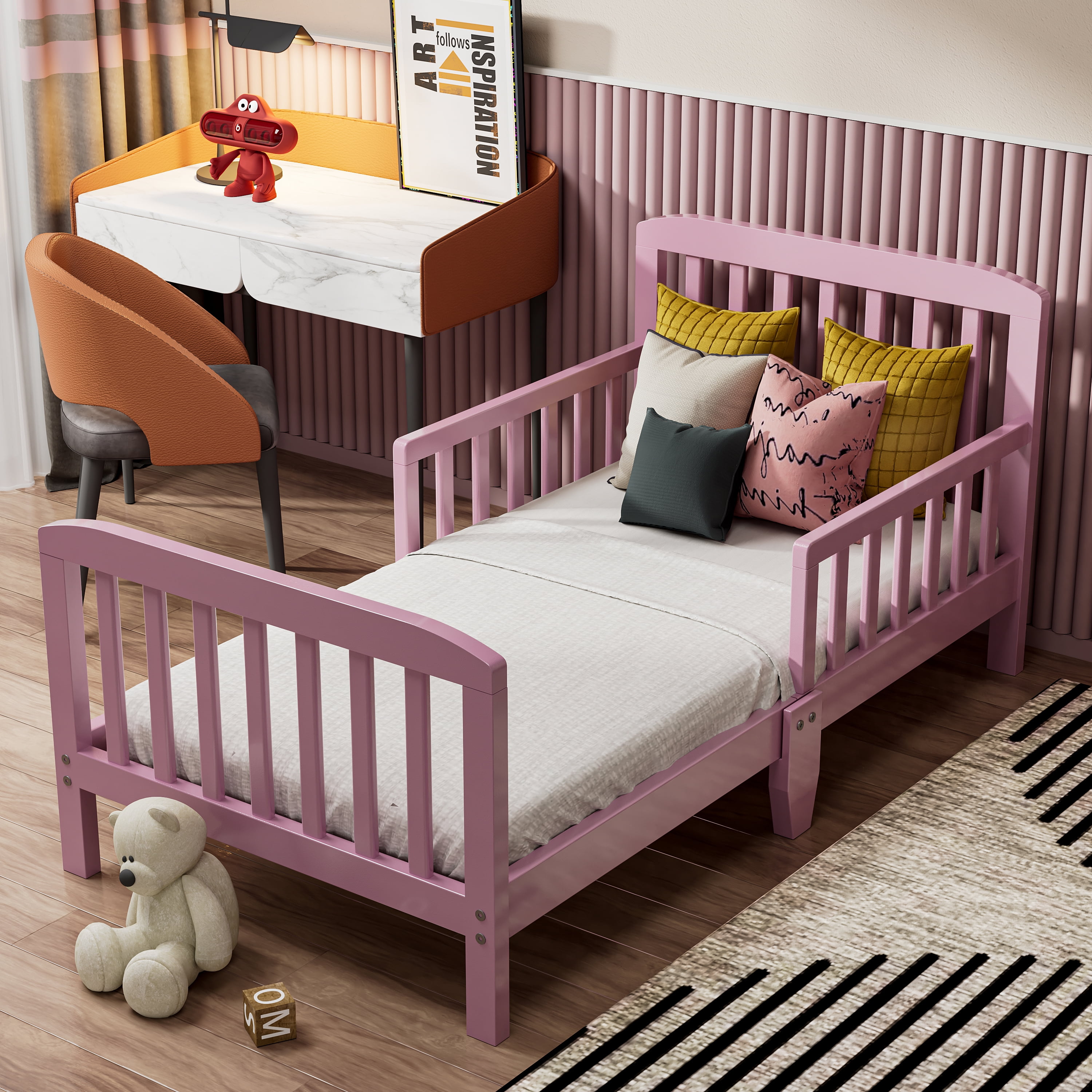 Fizzy Baby Classic Toddler Bed with Rails Wooden Beds for Kids, Pink