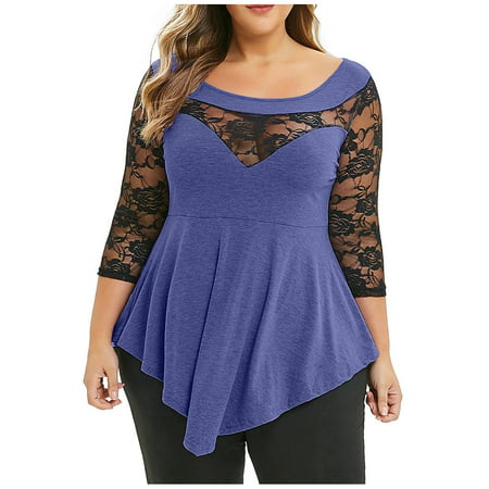Women's Plus Size Floral Lace Solid Color Irregular Hem See-through ...