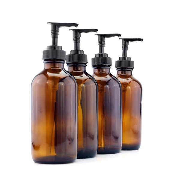 Cornucopia Brands 8-Ounce Amber Glass Pump Bottles (4-Pack); Empty Boston Round Bottles w/Black Plastic Lotion Pumps