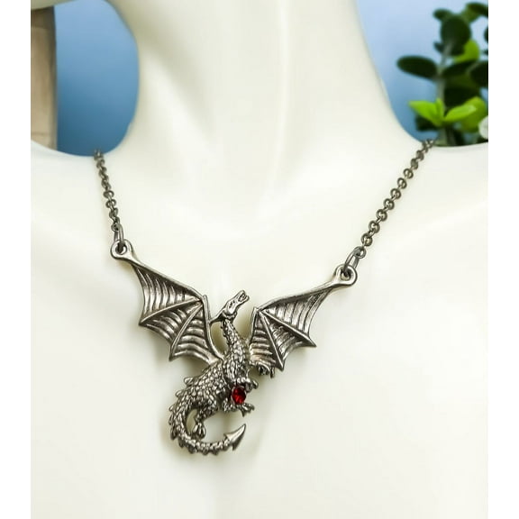 Ebros Red Gemstone Winged Caduceus Moon Dragon Jewelry Pewter Pendant Necklace