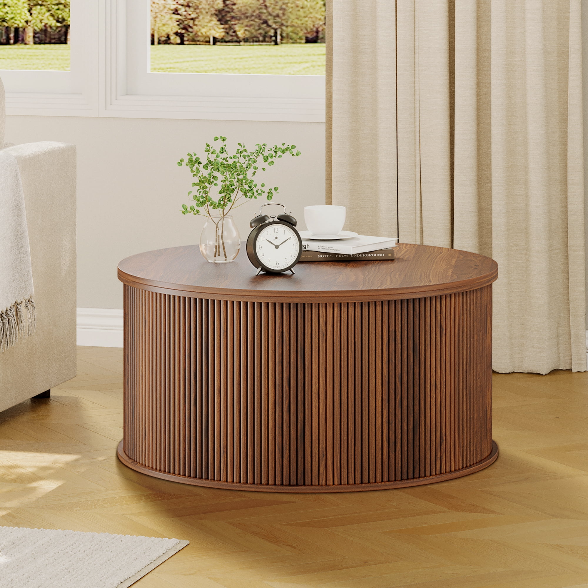 Wirrytor 31 inches Round Lift Top Coffee Table with Storage and Flip Top, Fluted Center Table for Living Room, Wood Coffee Table with Hidden Compartment, Round Arc Design, Walnut