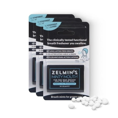 Zelmin's Minty Mouth Breath Freshener - (3 Pack) Long Lasting Bad Breath Treatment for Adults, Instant Freshness Helps with Dry Mouth, Natural Breath Mints for Travel, Alcohol-Free, Keto, Gluten-Free