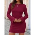 thumbnail image 5 of Women's Elegant Boat Neck Long Flare Sleeve Ribbed Slim Fit Bodycon Knit Mini Dress Red S, 5 of 9