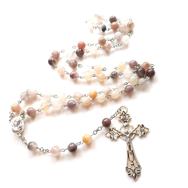 Nature Stone Cross Rosary Necklace Bead Hangable Pendant for Women Men Praying Meditation Gift Supplies