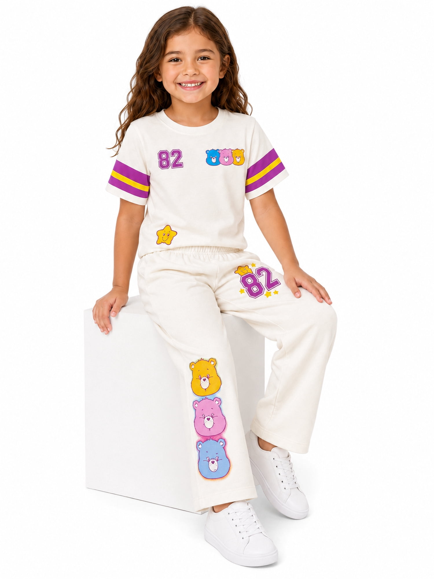 Care Bears Girls' Athletic Front & Back T-shirt with Embroidery & Straight Leg Fleece Pants, 2-Piece, Sizes 4-16