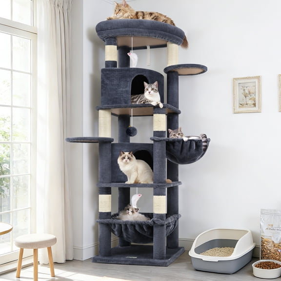 Globlazer 68" XL Corner Cat Tree Tower Condo for Large Cats - 6 Sisal Scratching Posts, 2 Condos, Hammock & Hanging Basket, Dark Gray