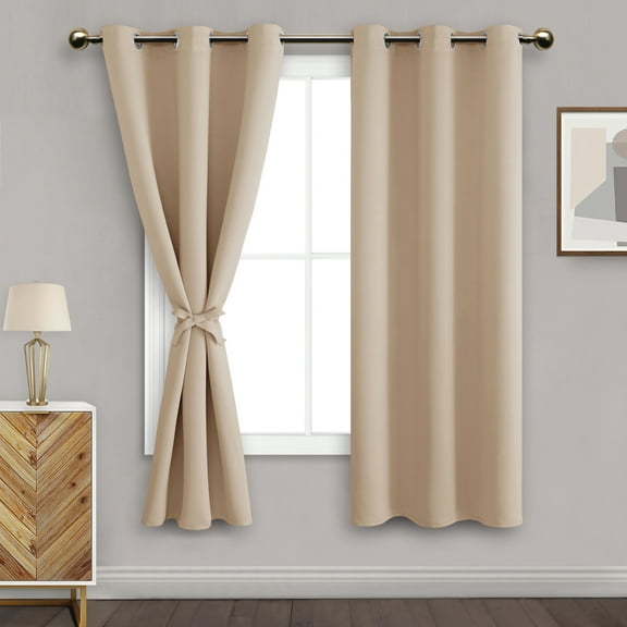 DWCN Blackout curtains for Bedroom with Tiebacks - Room Darkening Privacy Grommet Top Window Curtains for Living Room, 42 x 72 inch Long, Beige, Set of 2