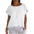 thumbnail image 2 of Women's Solid Loose Fit Short Sleeve Round Neck Ruffle Pleated Linen Casual Blouse Shirt Comfy Breathable Work Office Outfits | CSEONE,White L, 2 of 8