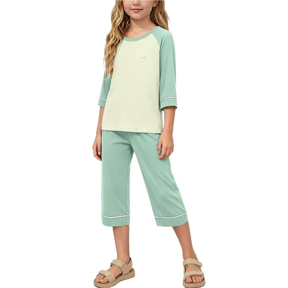 ATOGUTA Capri Sets Girls 2 Piece Outfits Short Sleeve Top and Pants Kids Summer Outfits Short Set Size 2T-14, Green