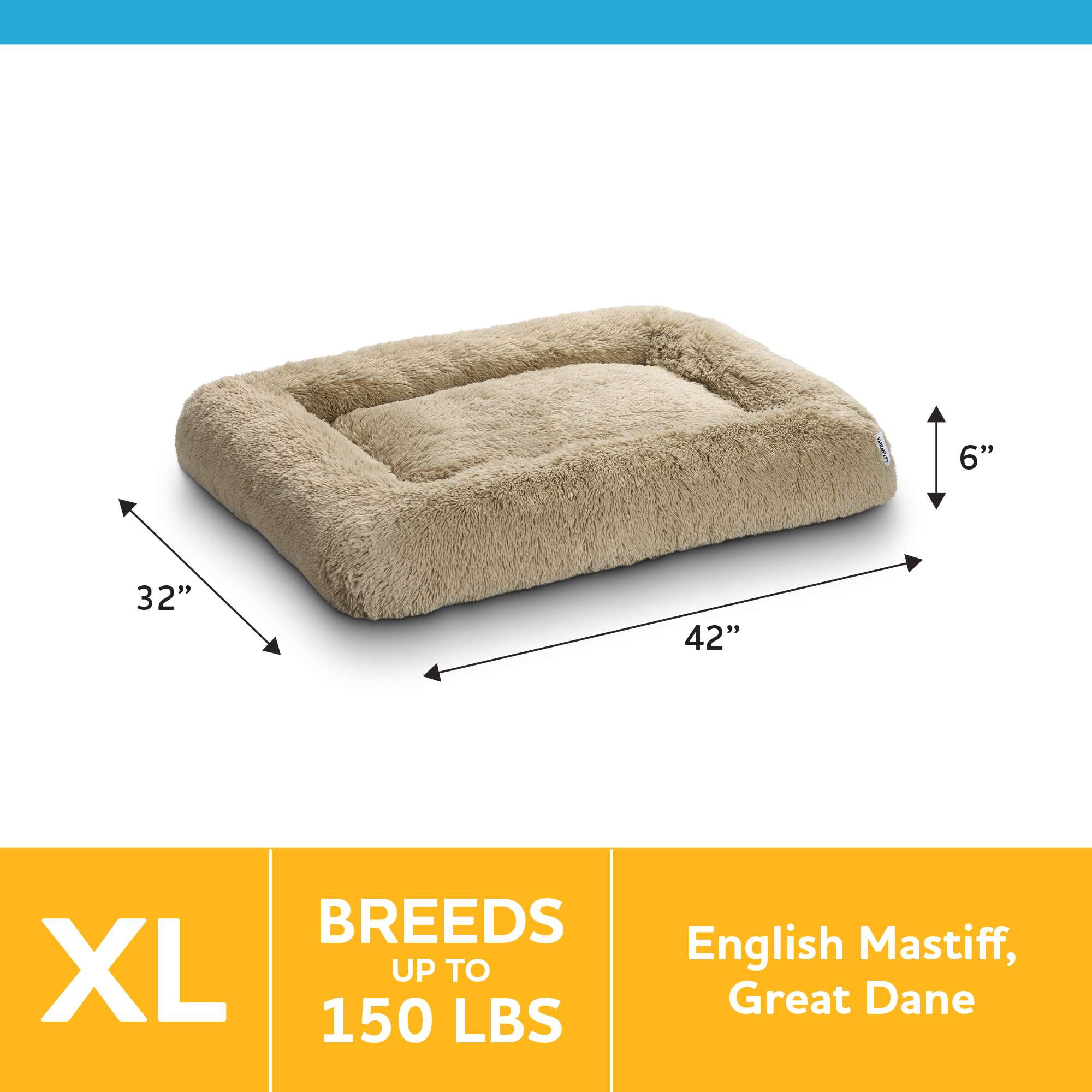 Vibrant Life Furry Cozy Bolster Pillow Dog Bed, Large Breeds, Extra Large, Oatmeal, 42" x 32"