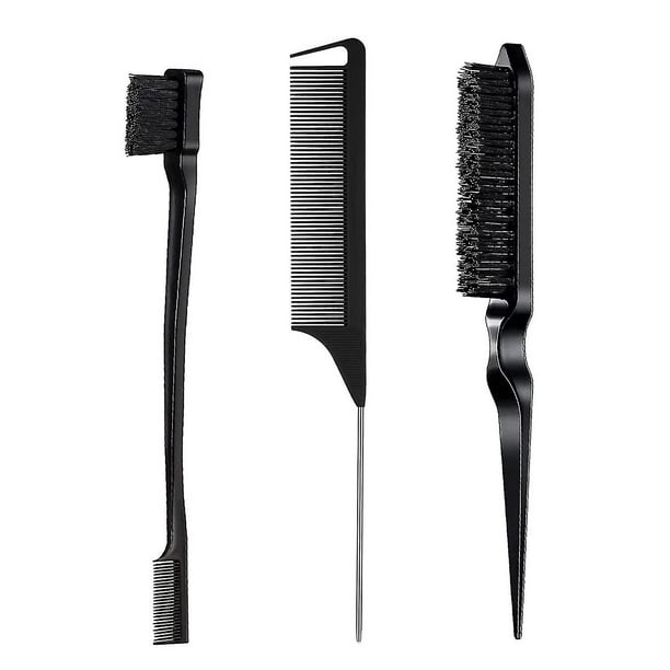 Juego de 3 peines para peinar el cabello, cepillo para cardar el cabello, peine de cola de rata, cepillo para bordes y espalda, cepillado, peinado y alisado del cabello para mujeres (negro)