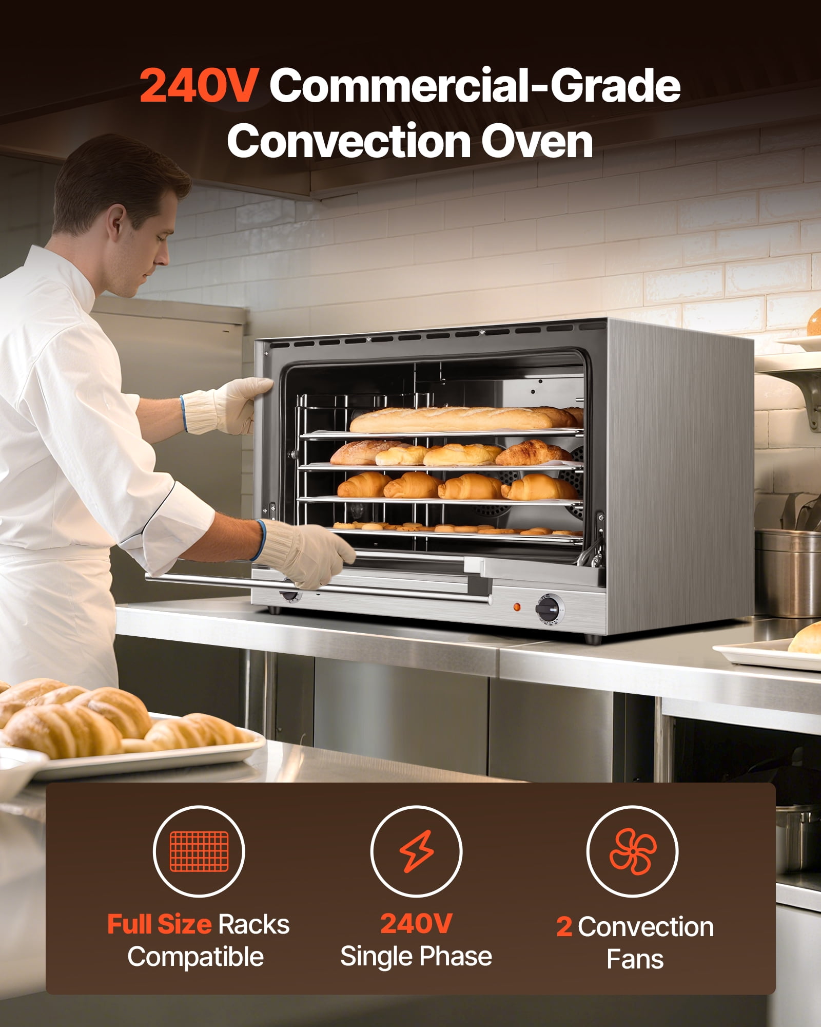 VEVOR Commercial Convection Oven, 4.24 Cu.ft Conventional Countertop Oven for Full-Size Pans, Electric Convection Ovens with 4 Racks, 360° Hot Air Circulation, for Bakery, Restaurant & Pizza Shop