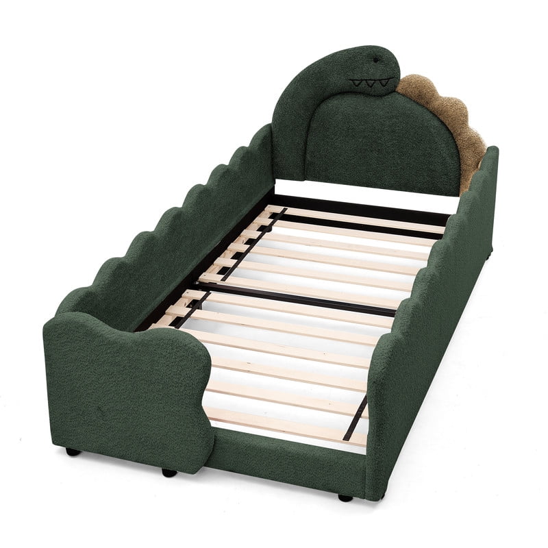 Twin Size Upholstered Platform Bed with Dinosaur Shaped Headboard, Boucle Fabric Kids Bed with Slats Support, Space-Saving Daybed for Girl, Boy, Teenager