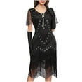 thumbnail image 5 of Women's Retro 1920s Sequins Flapper Dress Floral Lace V Neck Vintage Fringed Evening Party Cocktail Dresses, 5 of 7