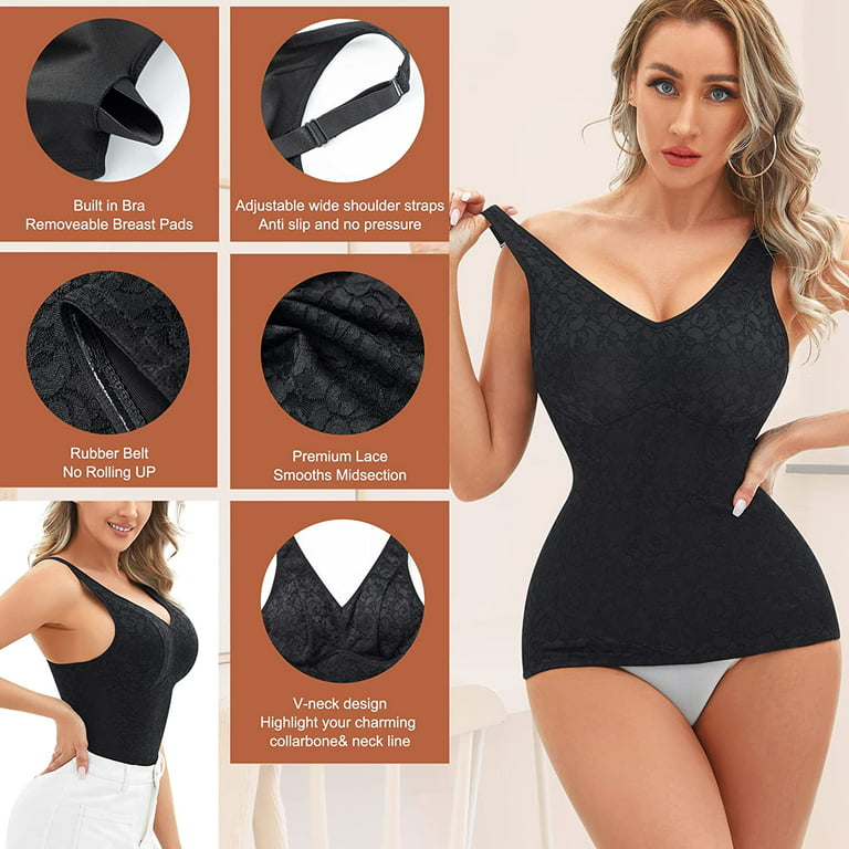 Irisnaya Women's Shapewear Lace Camisole Tank Tops Tummy Control  Compression Bodysuit Built in Bra Body Shaper Slimming V-neck Vest(Black  Small) 