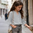 thumbnail image 4 of PiGOGI Girls Ruffle 3/4 Sleeve V-Neck Button Down Top Solid Color Soft Casual Blouse for Kids Gray 9Years, 4 of 8
