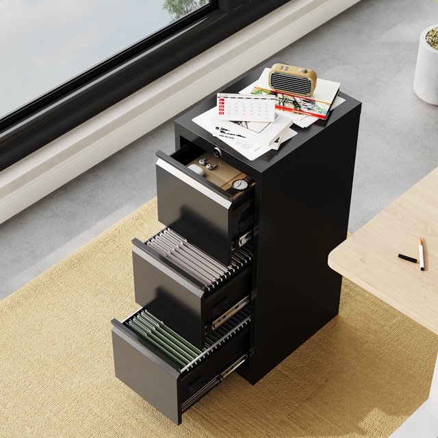 3-Drawer File Cabinet with Lock, Small Metal Vertical Filing Cabinet for Home Office, A4, Letter