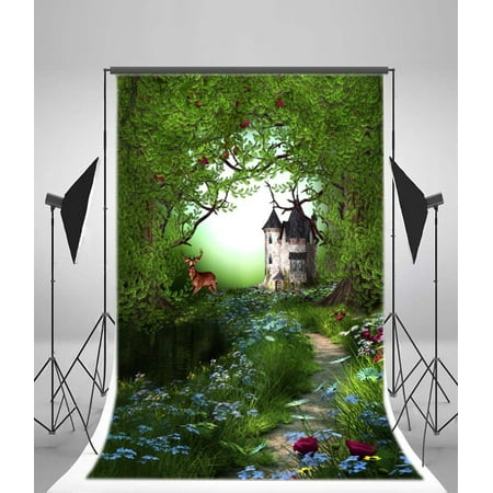 Image of GreenDecor Fairy Tale Forest Backdrop 5x7ft Castle Deer Flowers Green Trees Grass Land Photography Background Video Studio Props Children Kids Baby Little Girl Portraits