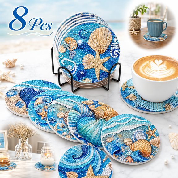 8 PCS Diamond Art Coasters Ocean Diamond Painting Coasters Kits Ocean Animals with Holder DIY Coasters for Beginners, Adults, Diamond Art Crafts Supplies 4x4 in