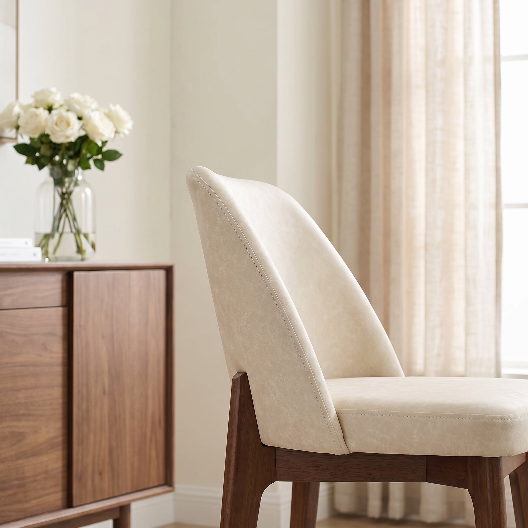 19.7" W Faux Leather Dining Chairs Set of 2, Modern Upholstered Kitchen Chairs with Solid Wood Legs, Easy Clean, Beige