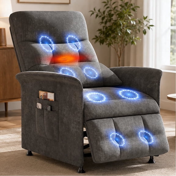 IINNOVZBOM Power Recliner Chair for Adults with Heated & Massage, Lazy Boy Electric Reclining Chair Sofa, Adjustable Single Sofa with Side Pockets for Home Theater Seating, Soft Fabric, Dark Grey