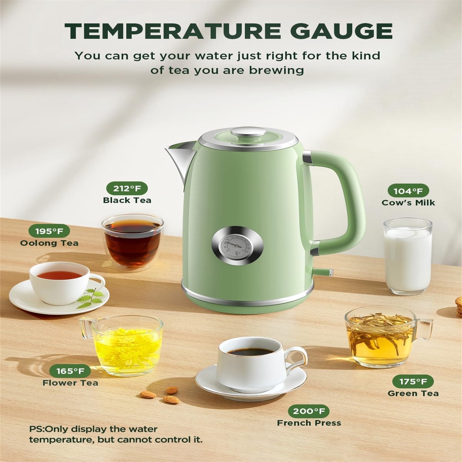 1.8L with Temperature Gauge, 1500W Fast Boiling Electric Tea Kettle, 100% Stainless Steel Retro-Style Hot Water Kettle Electric - Glowing LED Light, Auto Shut-Off & Boil-Dry Protection