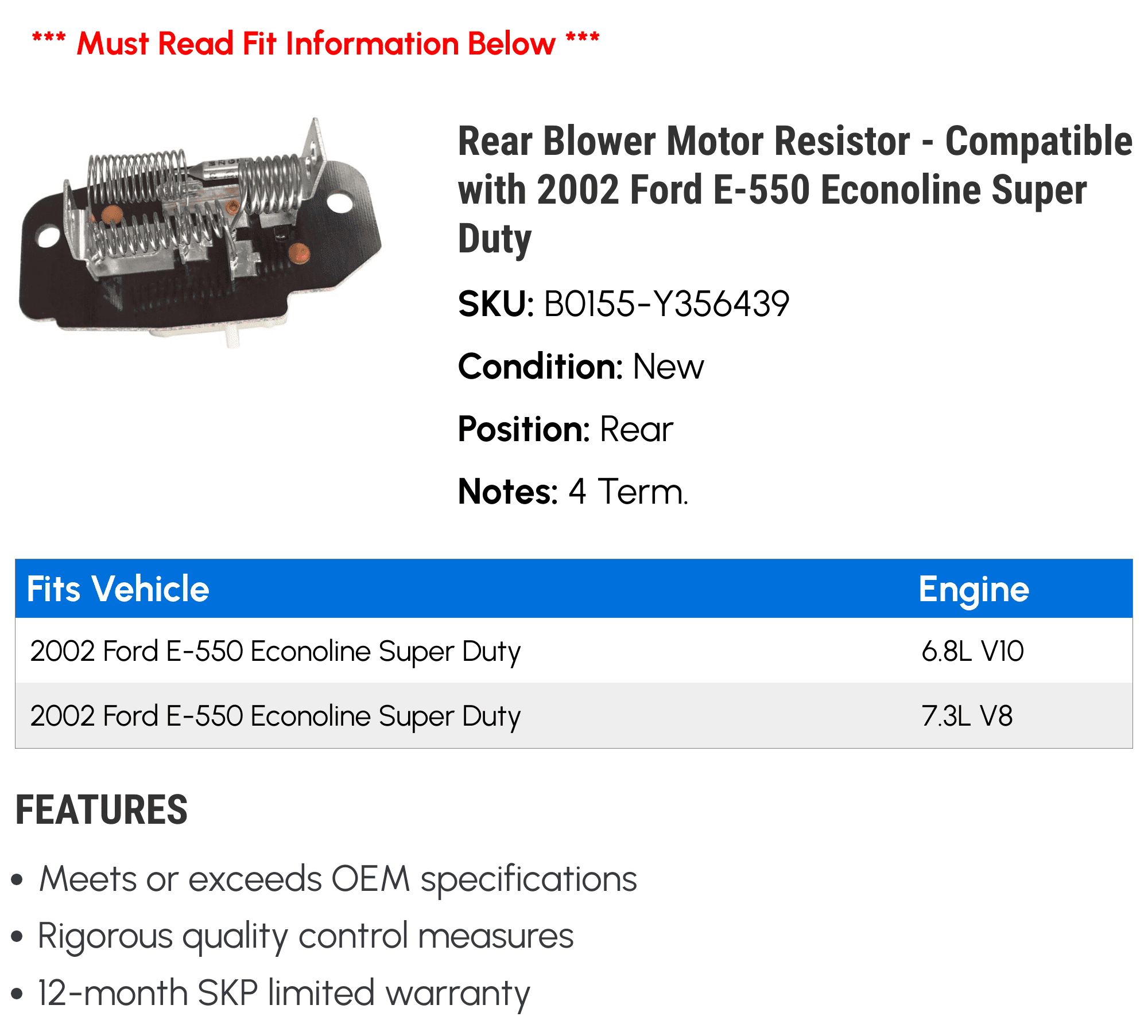Rear Blower Motor Resistor - Compatible with 2002 Ford E-550 Econoline Super Duty